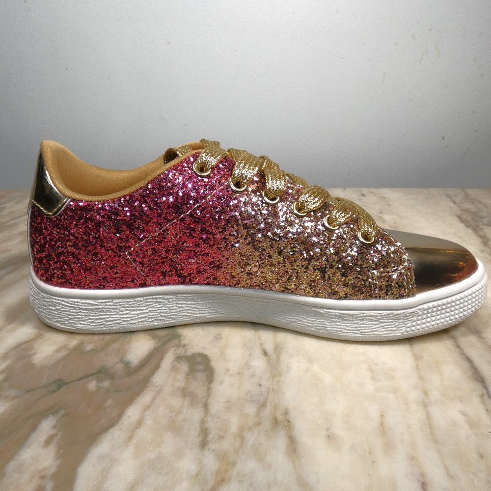 LUCKY STEP Glitter Sneakers Lace-up Fashion Sneakers Sparkly Shoes 6B Gold Pink